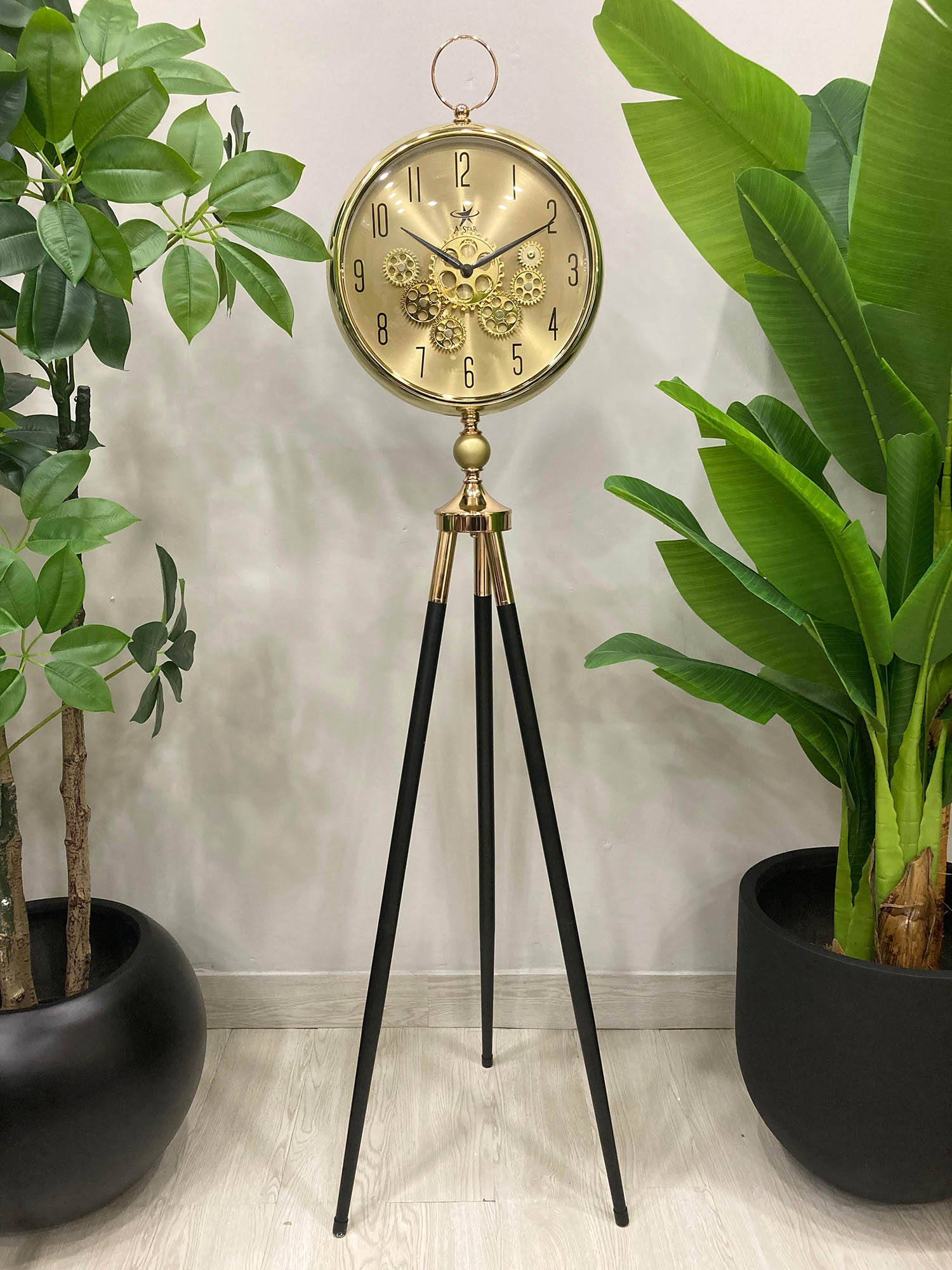 Gold tripod clock with decorative face in a room with plants