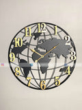 World map Modern wall clock for living room décor with gold accents on a light gray background