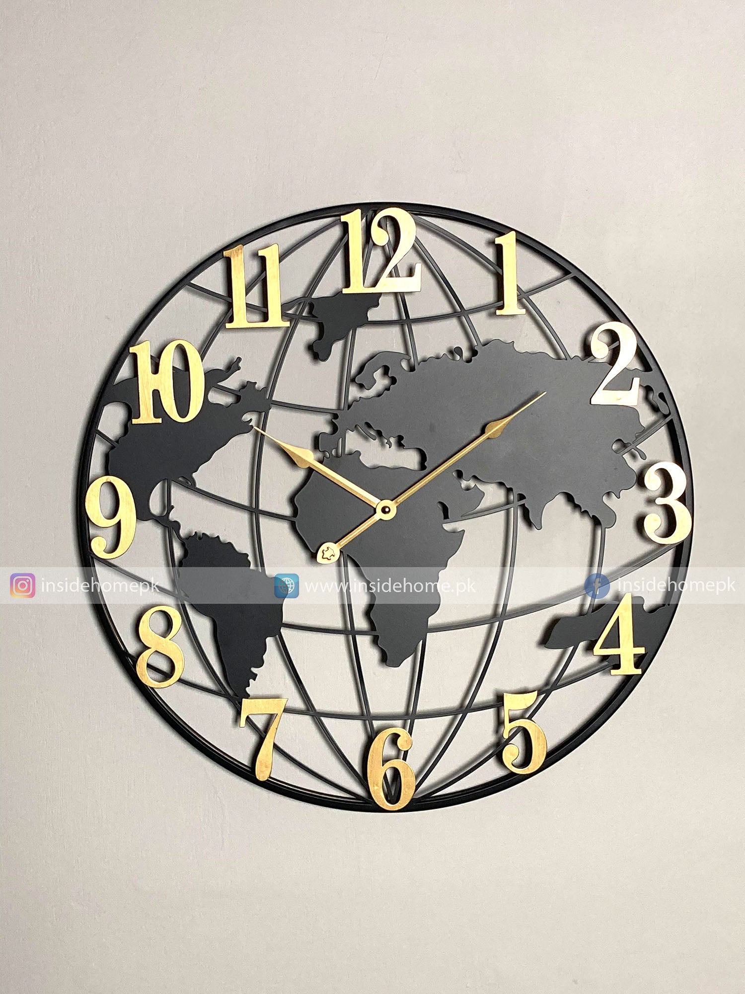 World map Modern wall clock for living room décor with gold accents on a light gray background
