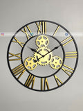 Decorative Modern wall clock for living room décor with gold gears and Roman numerals on a gray background